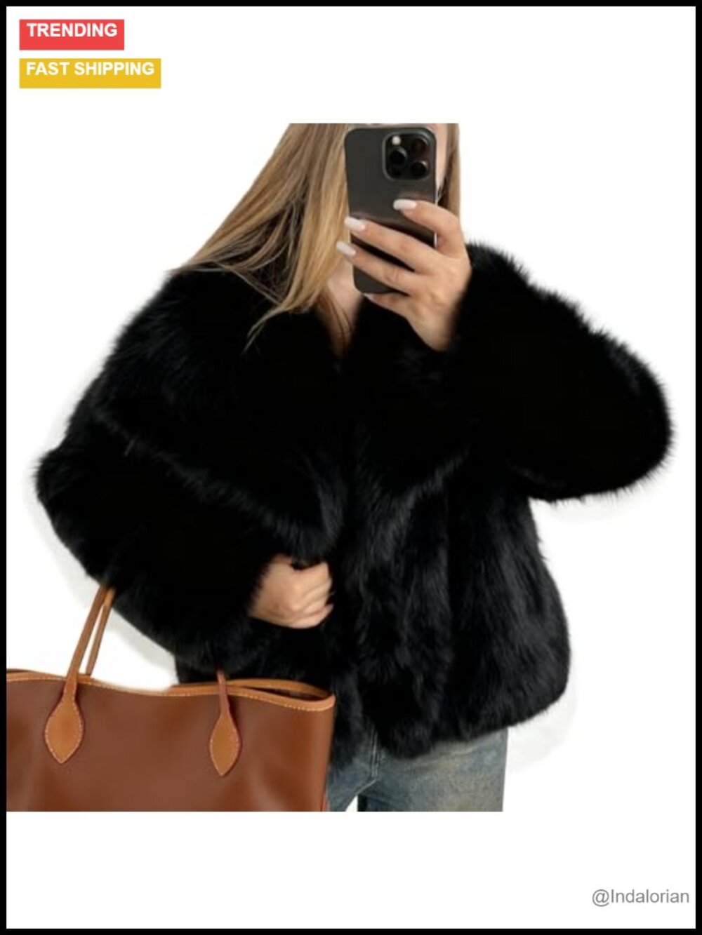 Flygo Fluffy Faux Fur Coat Shawl Collar Snap Closure Hidden Pockets